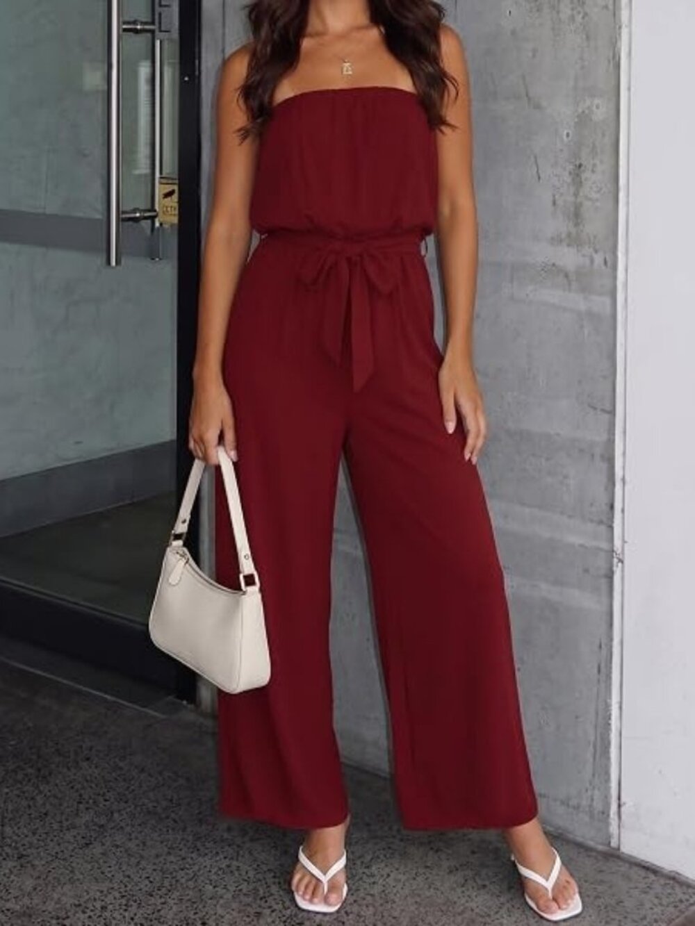 ZESICA (XL) Wine Red Belted Wide Leg Jumpsuit Strapless Romper Loose Blouson Tie